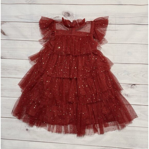 Red Tulle Star Sequin Ruffle Dress Girl Holiday Christmas Party Photo 4T-5T EUC - Picture 1 of 11